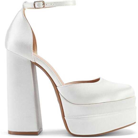 Dream Pairs Women White-satin Faux Leather Closed Toe Chunky High Heels Platform - Picture 2 of 7